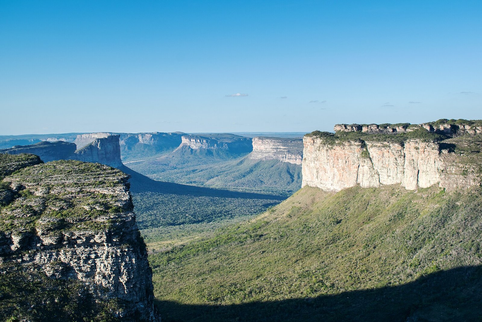 Paredões de arenito e morros de topo plano sobre vale verde, vistos do topo do Morro do Pai Inácio