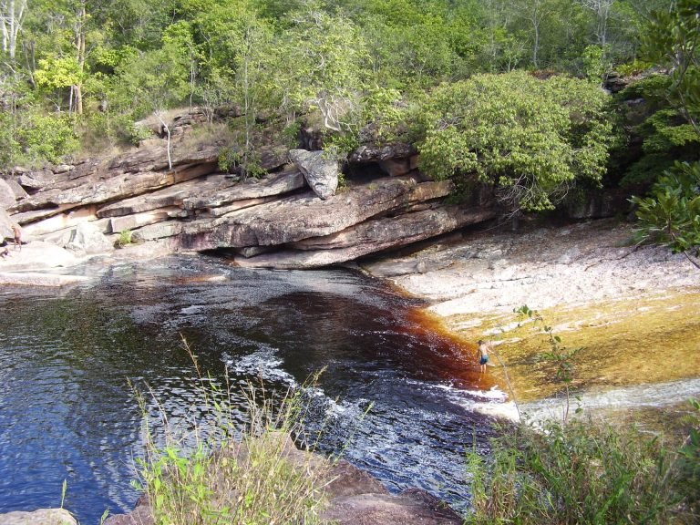 Laje de pedra inclinada formando escorregador natural até um poço de águas escuras