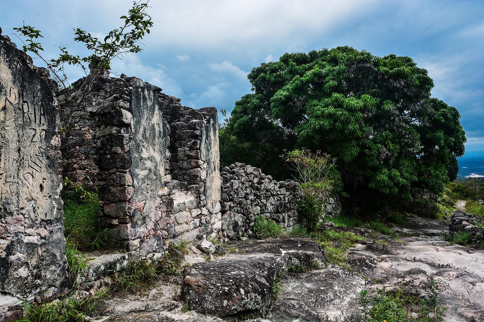 Paredes de pedra em ruínas tomadas pela vegetação, com árvore e céu com nuvens ao fundo