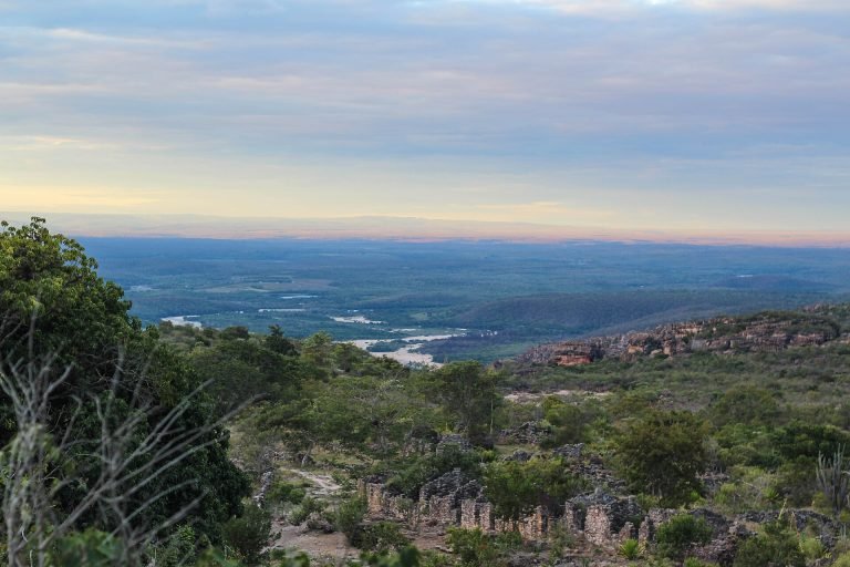 Ruínas de pedra na encosta coberta de vegetação, com vista para o vale ao entardecer