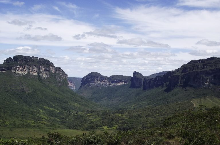 Fundo do vale coberto de vegetação entre chapadas de paredões claros